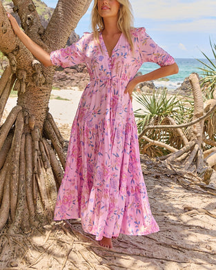 Klänning V-ringad Blommig Kortärmad