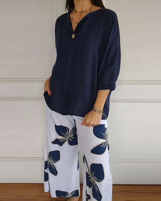 Set Rund Hals Casual Tryckta Byxor