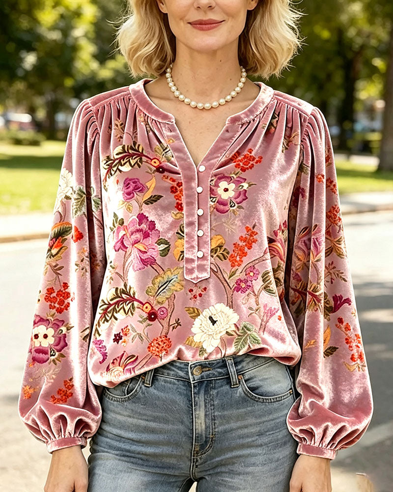 Blus V-Hals Knapp Drapad Blommig