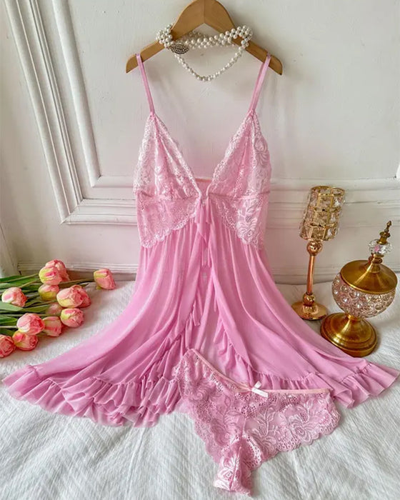 Cami Nattlinne & Rosettdekoration Trosa Set Damers Sexig Ruffle Kant Spets