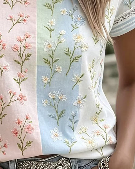 Blus Spets Patchwork Kontrast Blommig