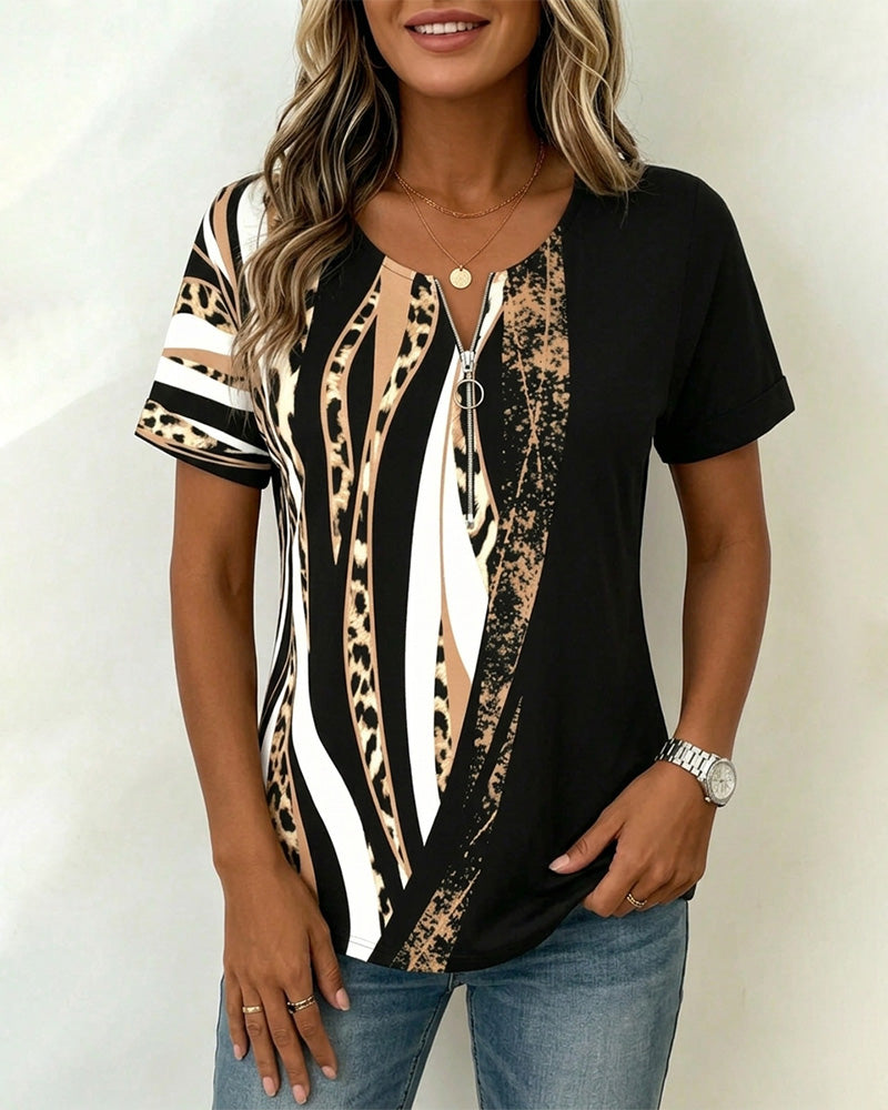 T-Shirt Dragkedja Leopard Tryck Färgblock Casual