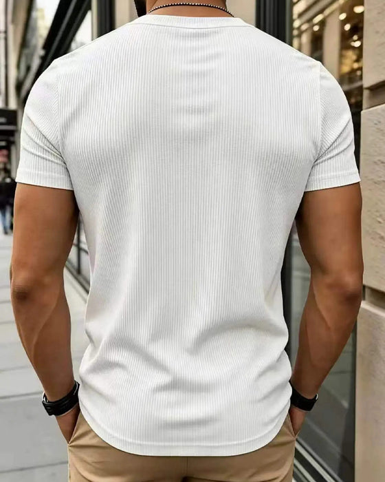T-Shirt V-Hals Räfflad Solid Färg Herr