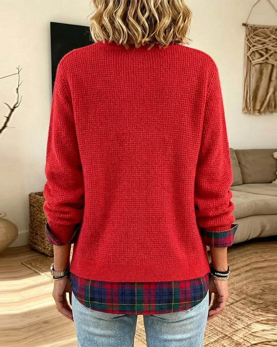 Tröja Rund Hals Rutig Patchwork Falsk Tvådelad