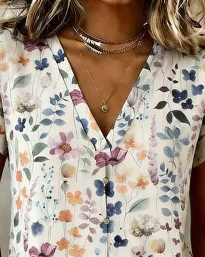 Blus Akvarell Blommigt Print V-Ringning Fladdermusärm