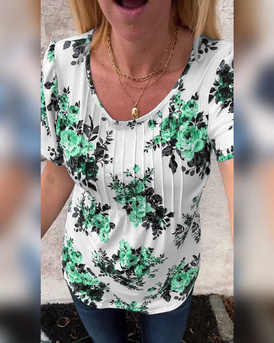 T-Shirt Med Rund Hals Blommönster Plisserad