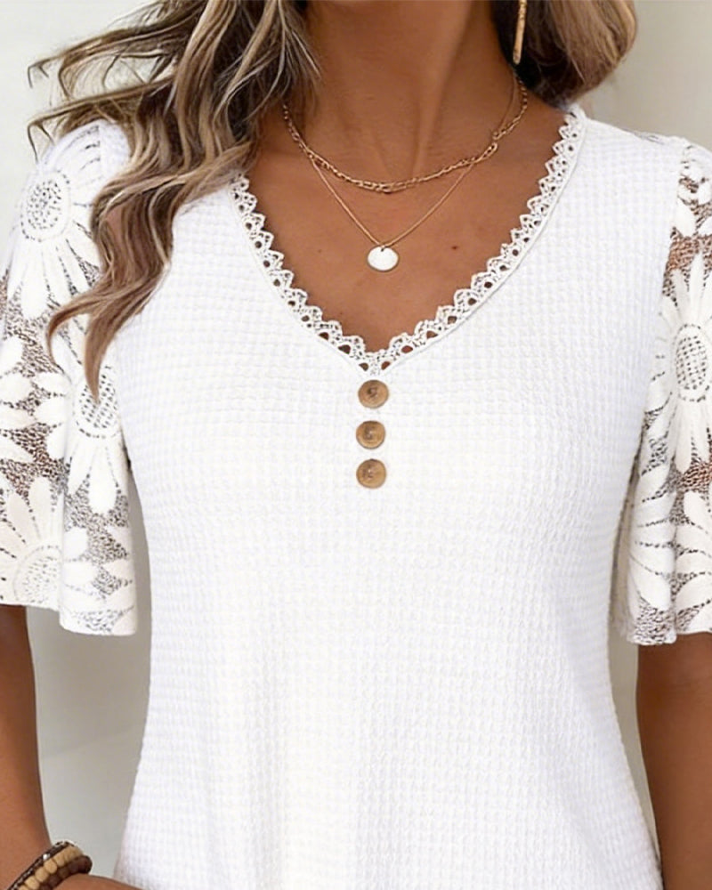 Blus Spets Tusensköna Lapptäcke V-Hals