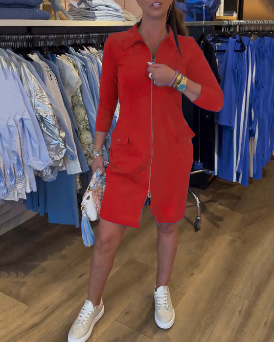 Klänning Slag Enfärgad Dragkedja Lång Ärm