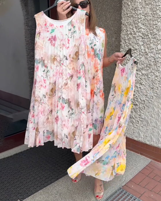 Klänning Ärmlös Plisserad Blommig