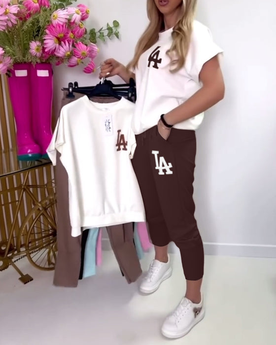 Set Sportig Bokstavstryck Smalbyxor