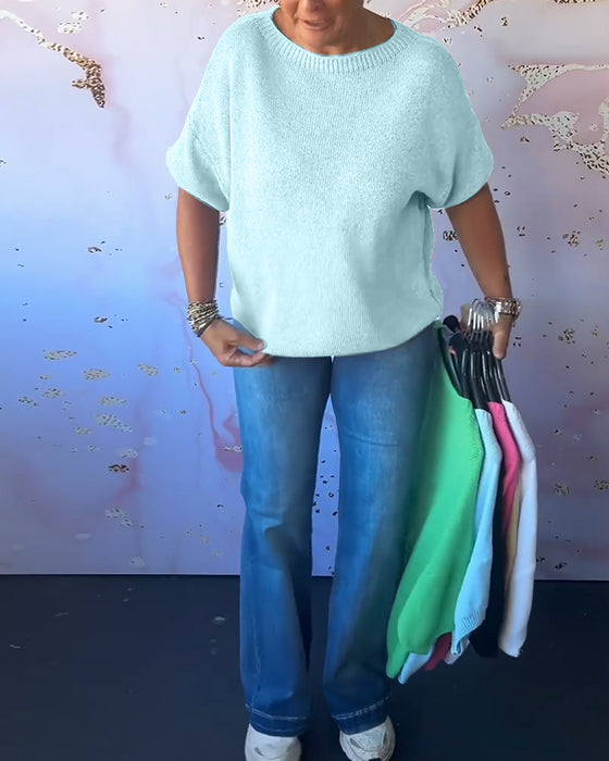 Casual lös enfärgad tröja med rund hals