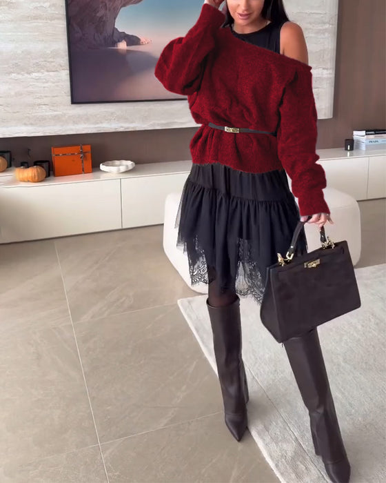 Avaxlad Lössittande Tröja & Spetsfåll Klänning