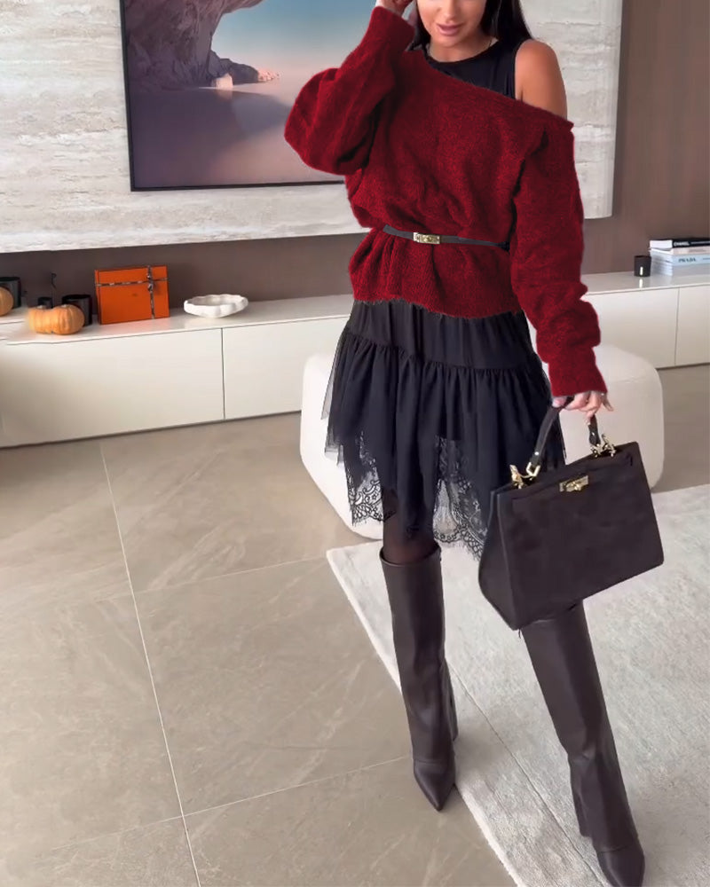 Avaxlad Lössittande Tröja & Spetsfåll Klänning