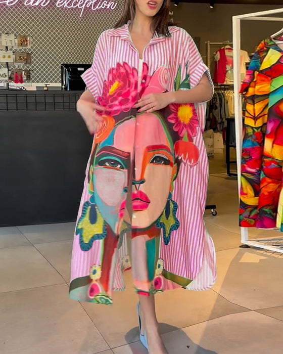 Vertikal randig blus med karaktärstryck i lapel