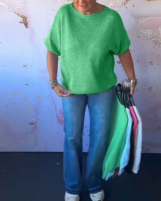 Casual lös enfärgad tröja med rund hals