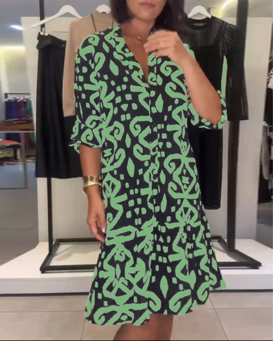 Klänning V-Ringning Elegant Tryckt