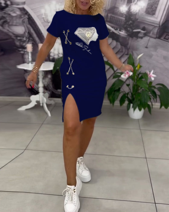 Klänning Tryckt Figursydd Slits