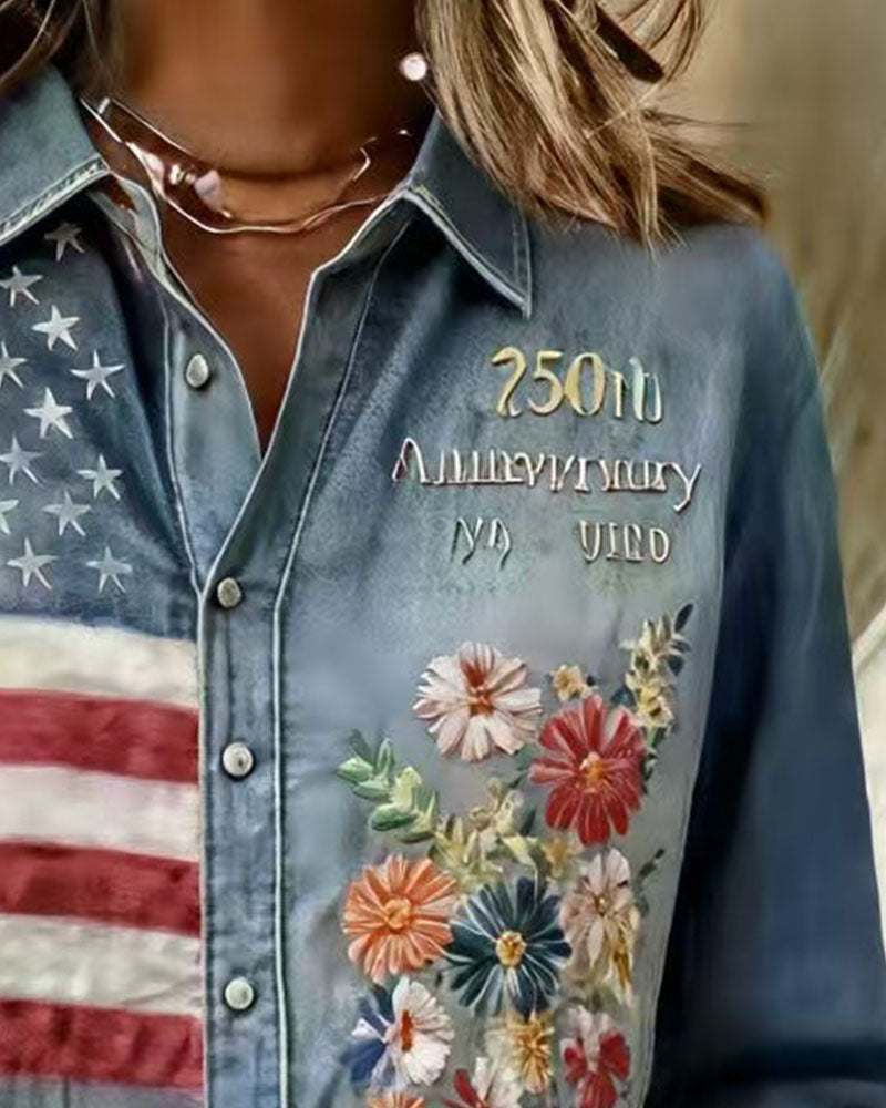 Skjorta Nedfällbar Krage Tryck Broderi