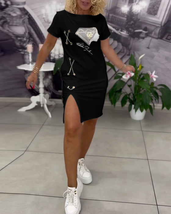 Klänning Tryckt Figursydd Slits