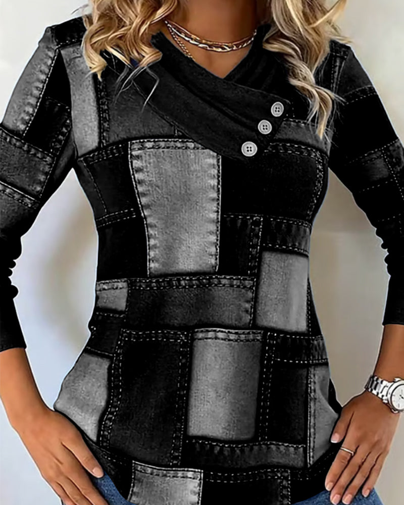 Långärmad Topp Med V-Ringning Och Kontrast I Enfärg