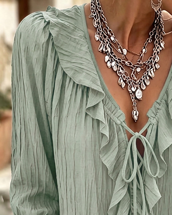 Blus Ruffle Trim Snörning Lång Ärm