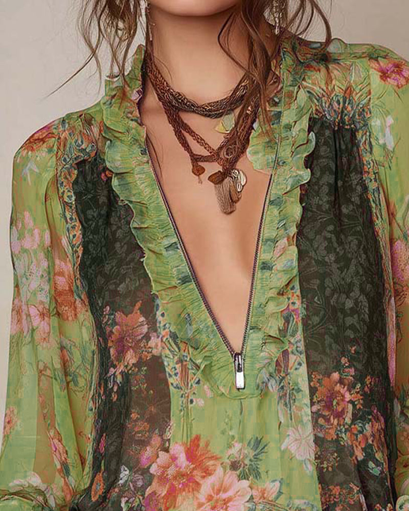 Halvbläster Blomstertryck Blus