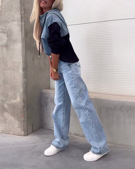 Avslappnad luvtröja med lapptäcke i denim med dragkedja