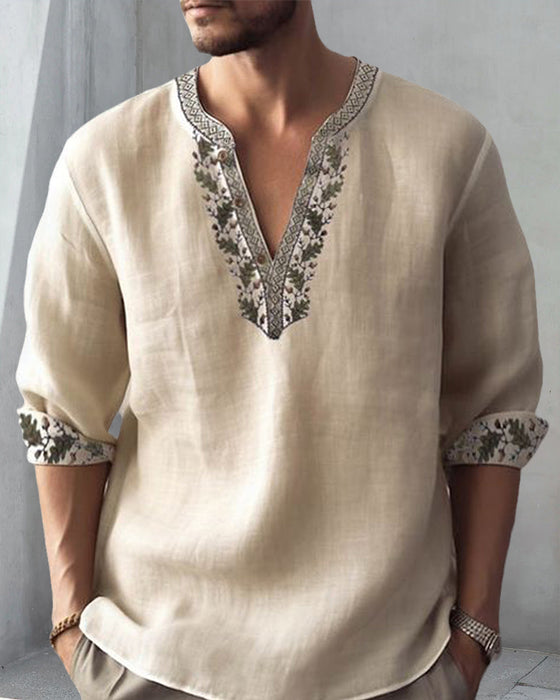 Avslappnad v-ringad tröja för män med paneltryck