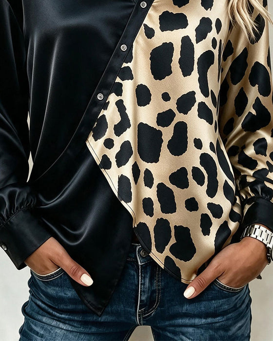 Blus Oregelbundet Leopardmönster Knappad