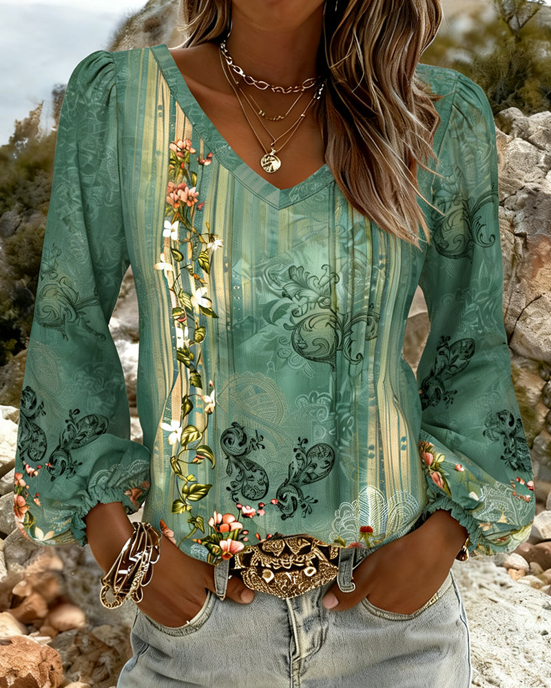 Blus Blommig V-Ringad Puffärm