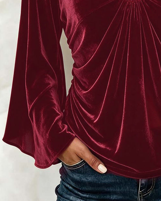 Blus Sammet V-Hals O-Ring Twist Klockärm