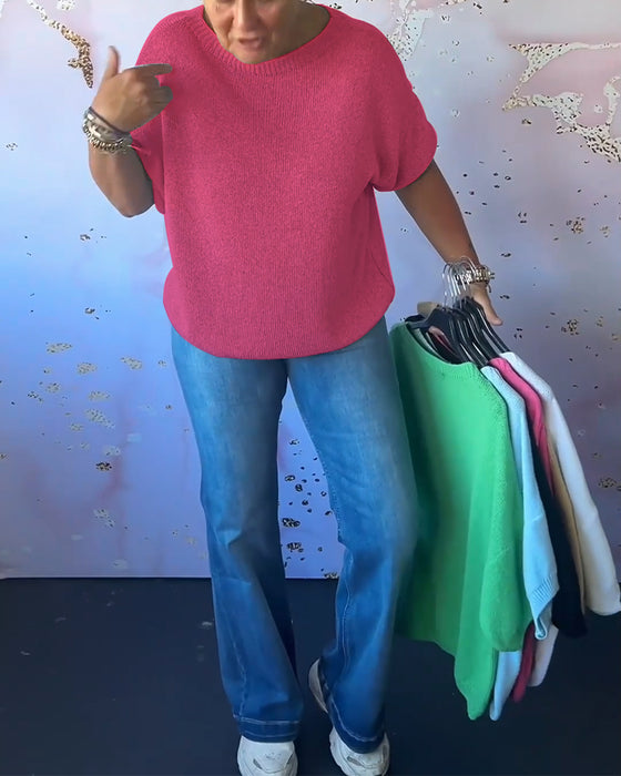 Casual lös enfärgad tröja med rund hals