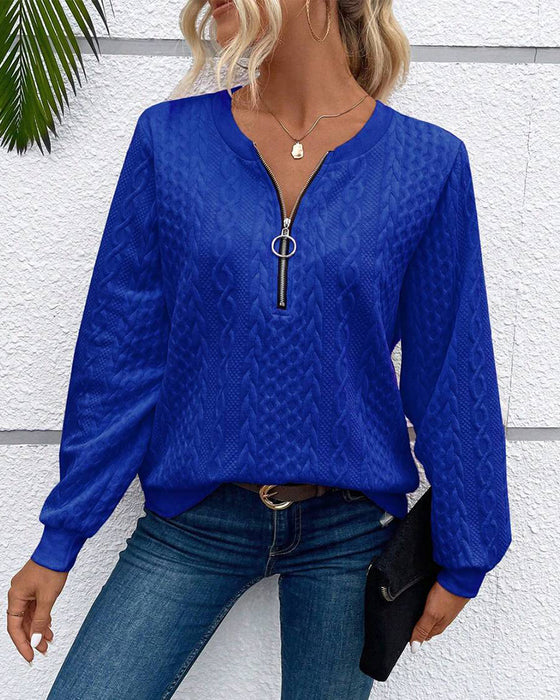 Casual enfärgad långärmad tröja med dragkedja