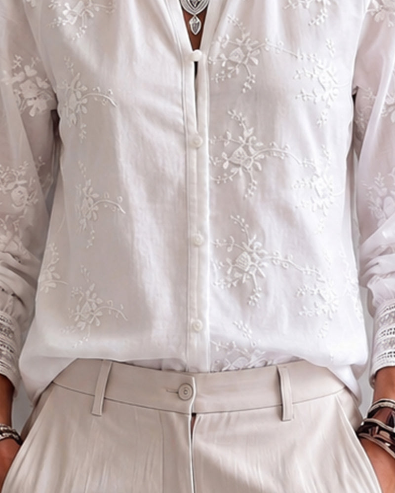 Blus Ruffle Kant Mandarin Krage