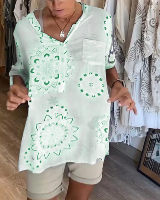 Blus Mångsidig V-Ringning Tryckt Halvlång Ärm