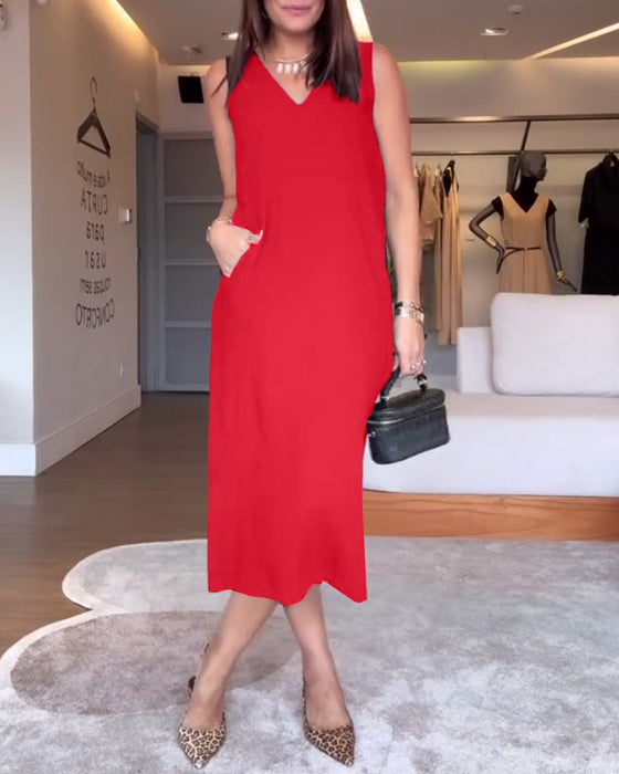 Klänning avslappnad v-ringad ärmlös enfärgad split