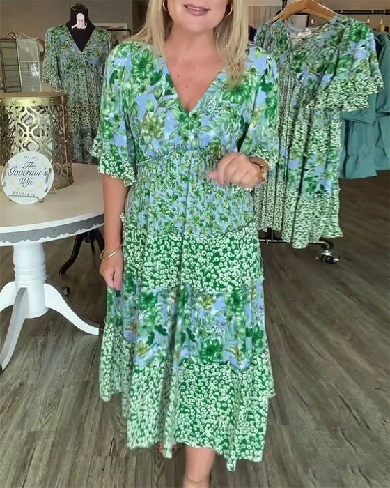 Klänning V-Ringning Lotuskärm Blommig