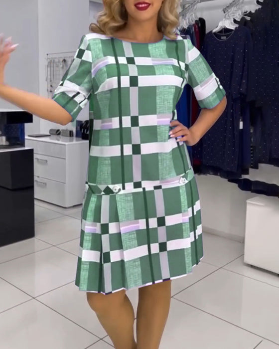 Klänning med rund hals och pläd