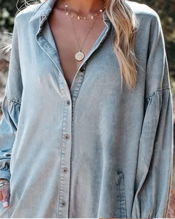 Blus Bubbel Ärm Knapp Casual