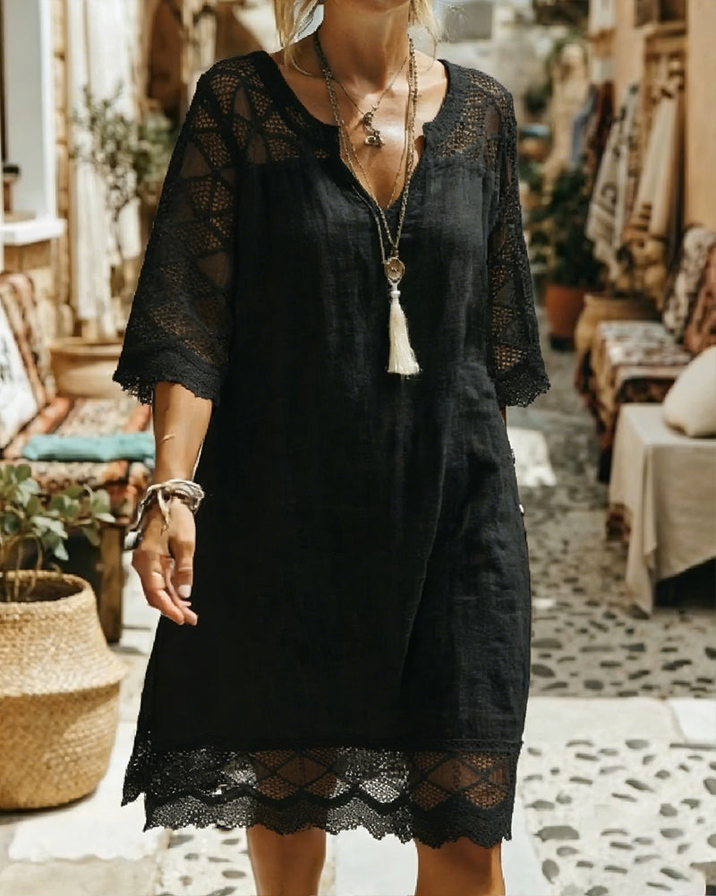 Klänning V-ringning Spets Patchwork Casual