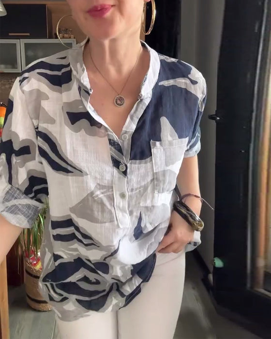 Blus avslappnad stativ krage tryckt