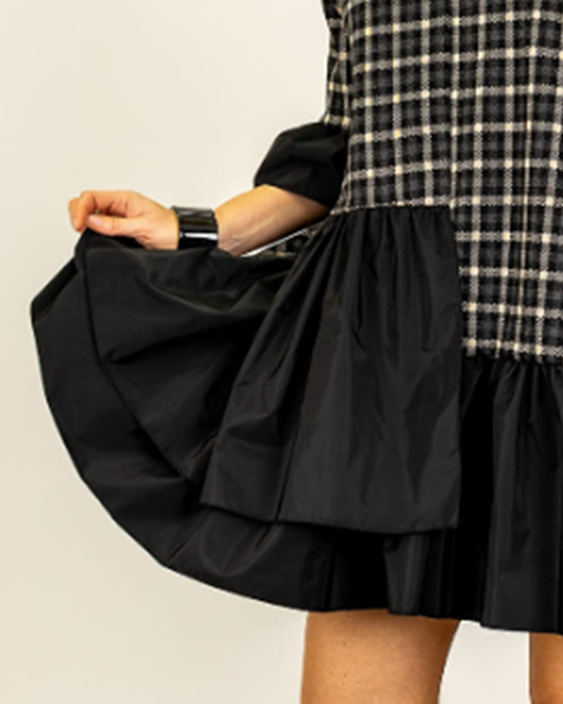 Klänning Kortärmad Rutig V-Ringning Patchwork