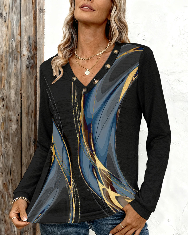 Tryckt Casual Topp Med V-Ringning Och Långa Ärmar