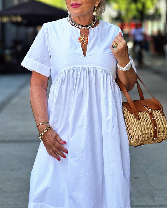 Patchwork kortärmad enfärgad plisserad klänning