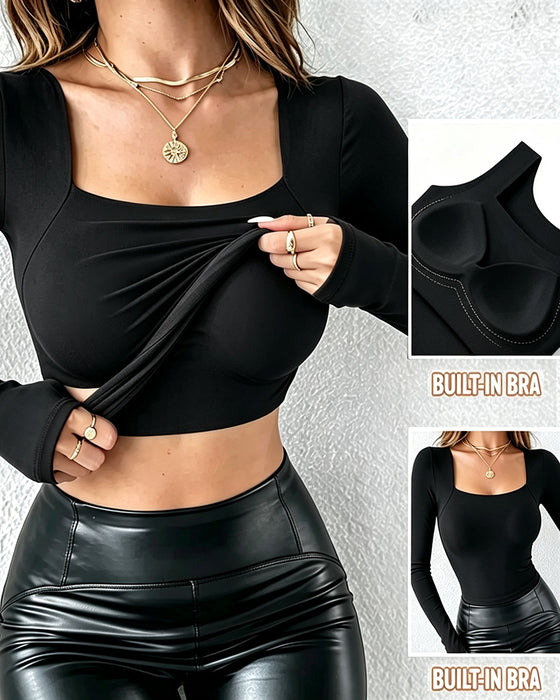🔥 U-Hals Shapewear Inbyggd BH Lång Ärm Linne