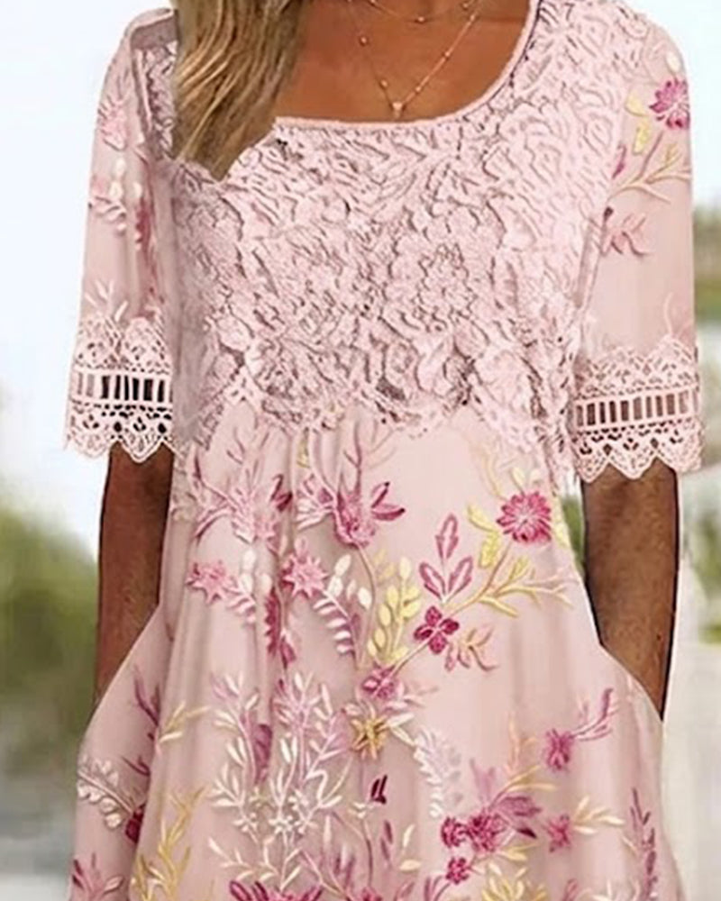 Klänning Spets Blommönster Patchwork A-Linje