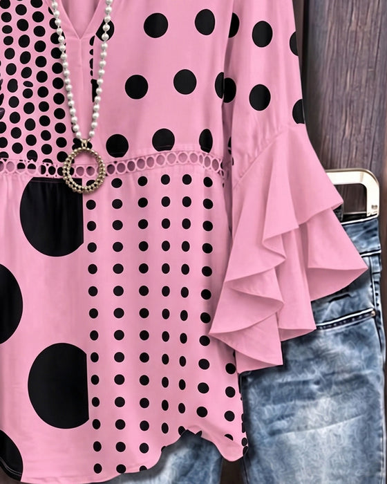 Blus Blandad Prickig Patchwork Ruffle