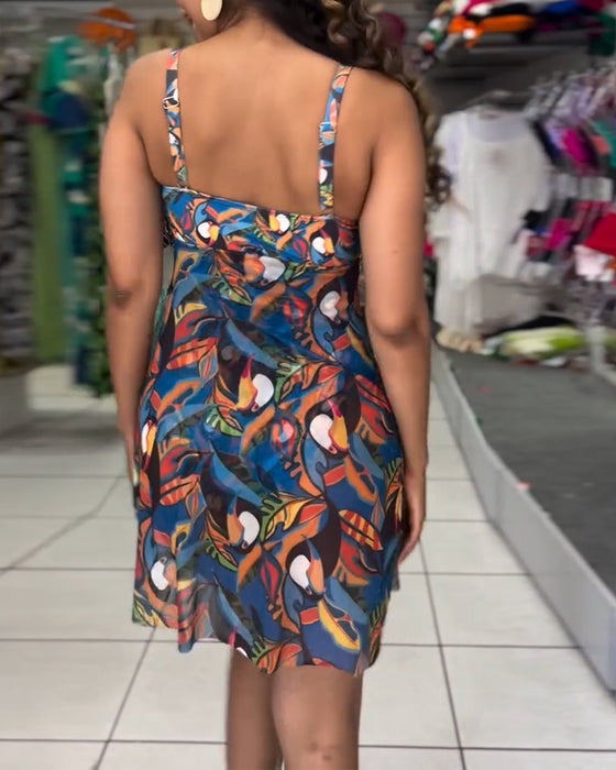 Baddräkt En-Del Färgglad Tryckt Slits Axelband