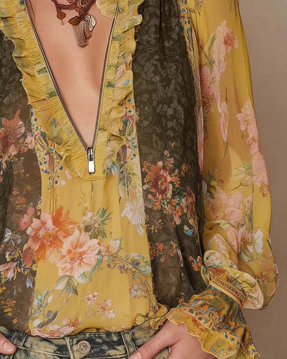 Halvbläster Blomstertryck Blus