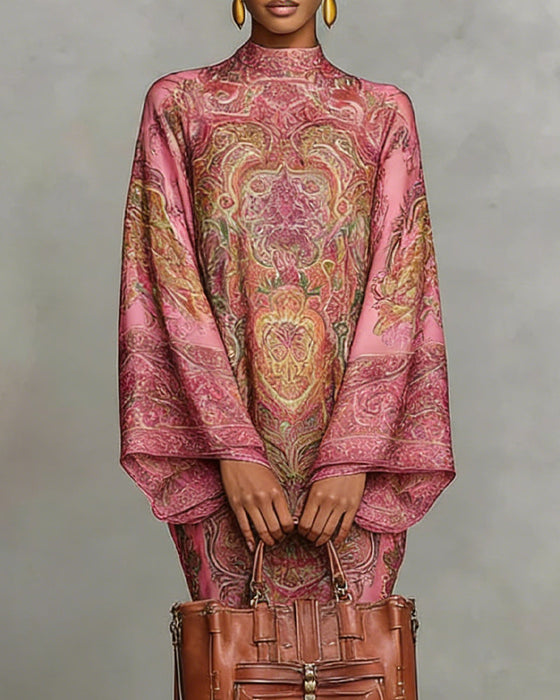 Höghalsad Klänning Med Vintagetryck